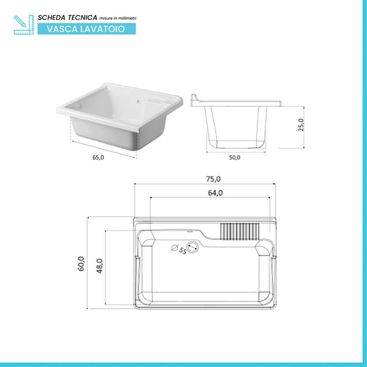 Vasca lavatoio 75x60 cm in resina bianca da installare da incasso