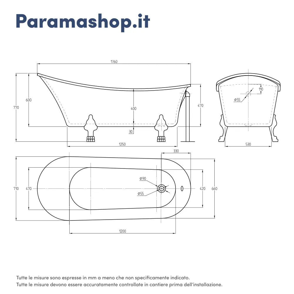 Vasca da bagno freestanding 176cm bianco lucido piedi cromati Mod. Vittoria