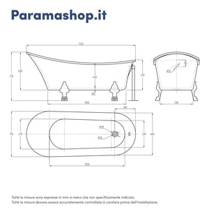 Vasca da bagno freestanding 176cm bianco lucido piedi cromati Mod. Vittoria