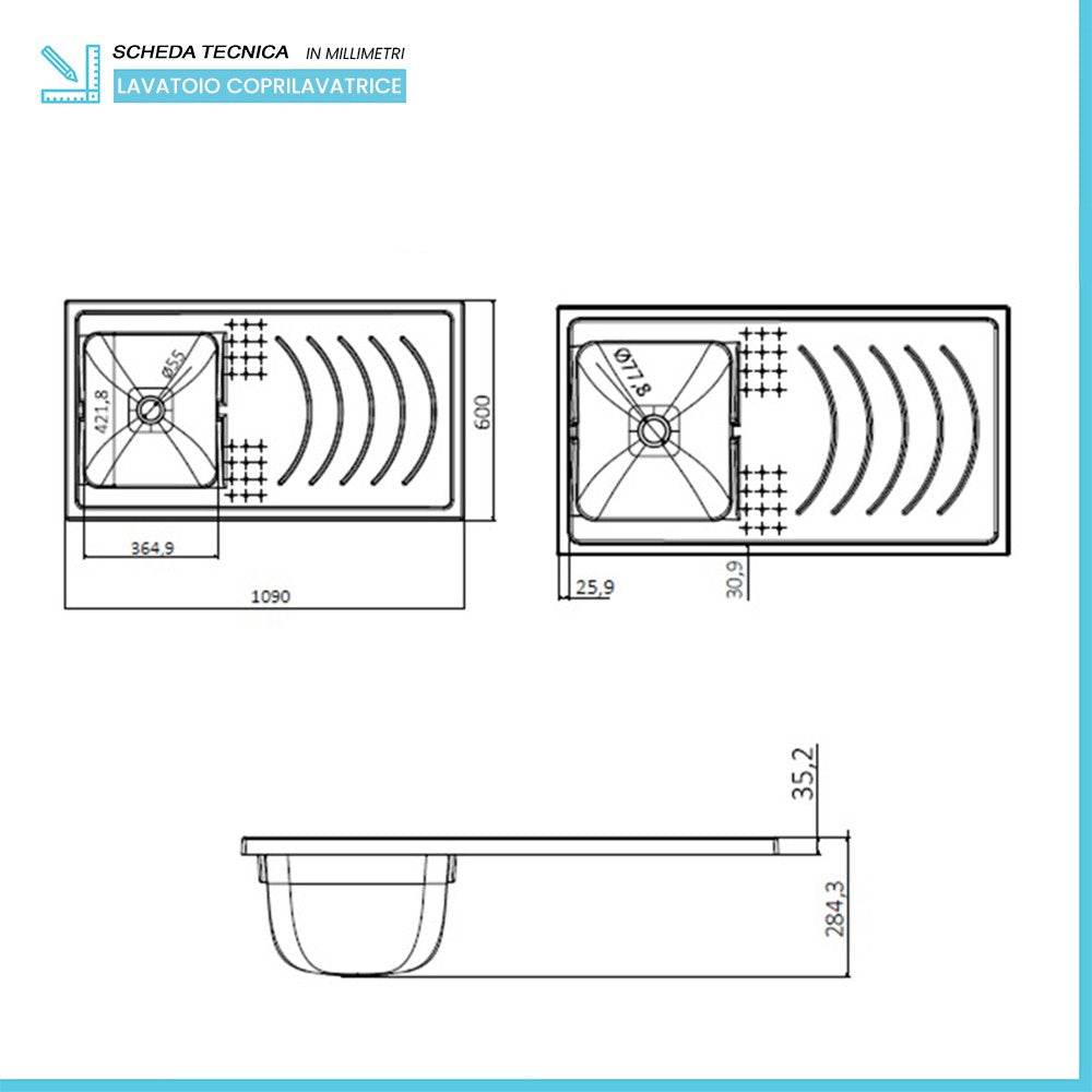 Vasca per lavatoio coprilavatrice 109x60 installazione reversibile