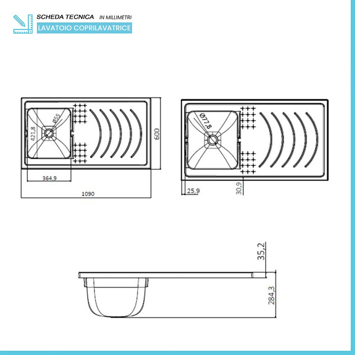 Vasca per lavatoio coprilavatrice 109x60 installazione reversibile