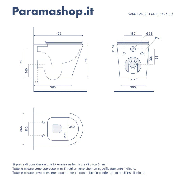 Vaso sospeso rimless in ceramica bianco lucido con sedile soft-close | Barcellona