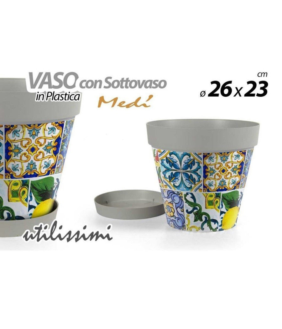 Vaso Con Sottovaso Giardino In Plastica Decoro Medà¬ 26x23 Cm Piante Fiori 845413         