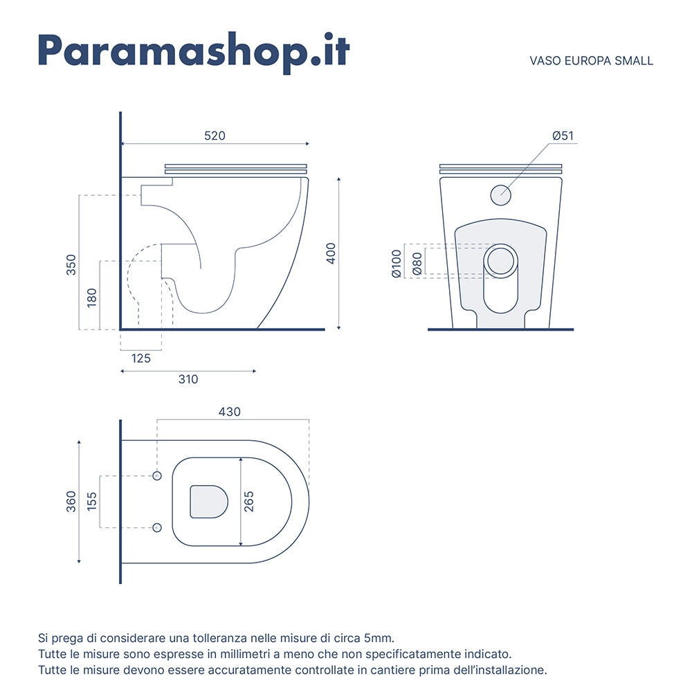 Vaso WC filomuro rimless in ceramica bianco lucido con sedile soft-close | Europa Small