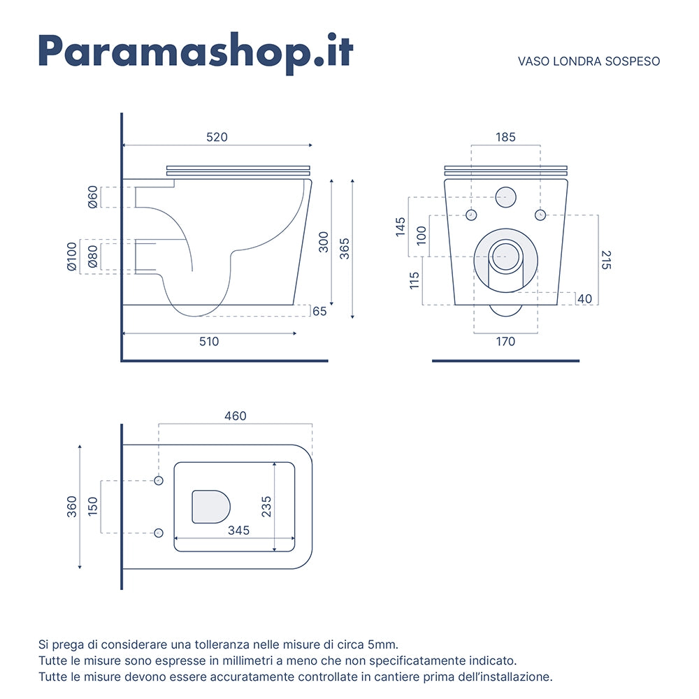 Vaso filomuro rimless in ceramica bianco lucido con sedile soft-close | Londra