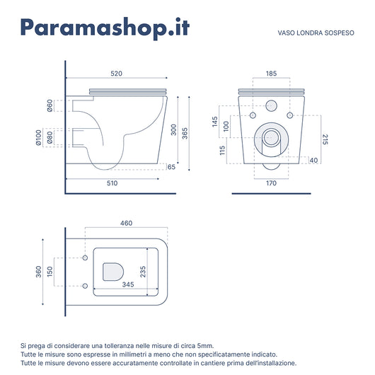 Coppia di sanitari sospesi in ceramica bianco lucido vaso rimless con copriwc soft-close e bidet | Londra