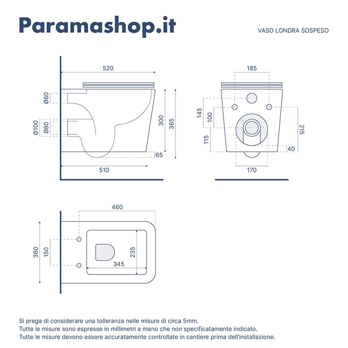Coppia di sanitari sospesi in ceramica bianco lucido vaso rimless con copriwc soft-close e bidet | Londra