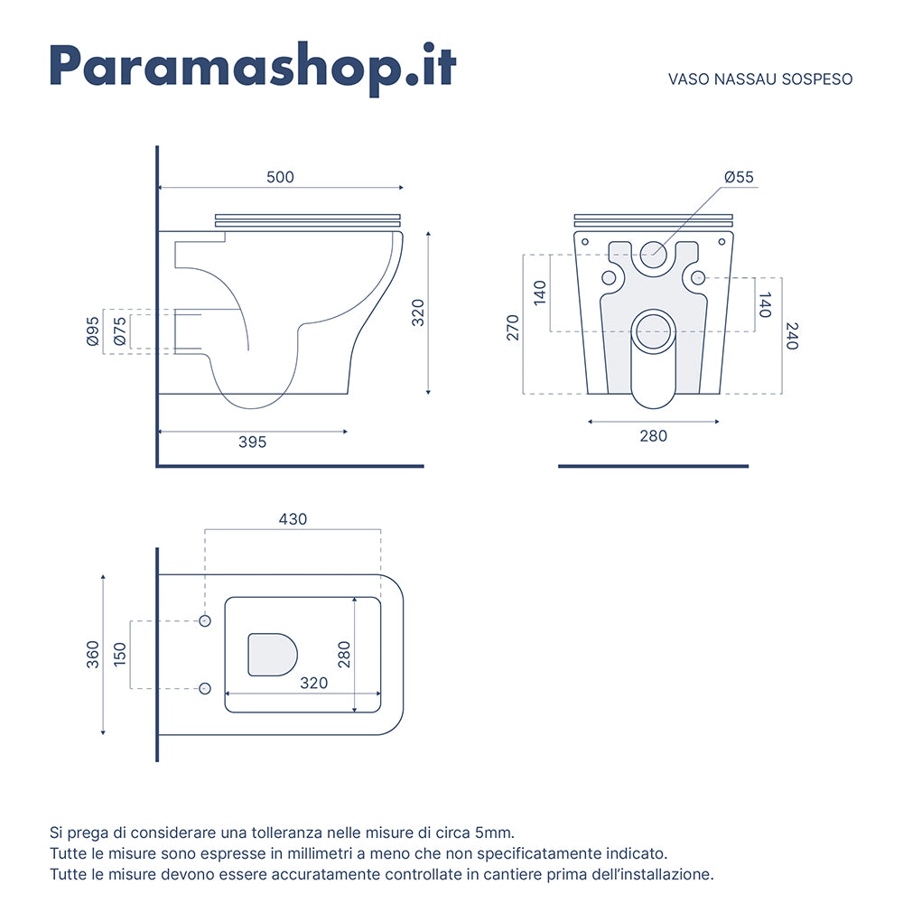 Vaso sospeso rimless in ceramica bianco lucido con sedile soft-close | Nassau