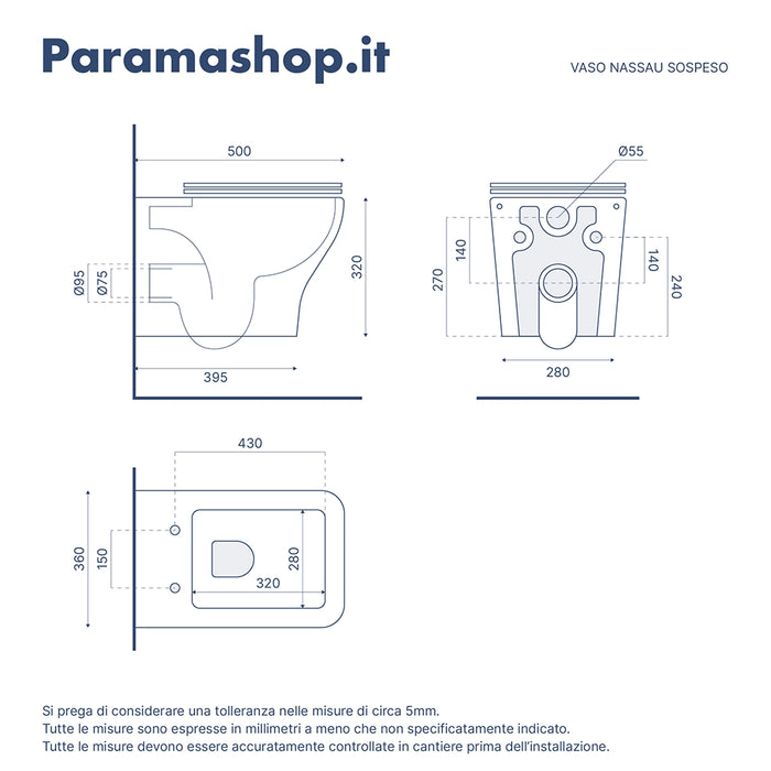 Vaso sospeso rimless in ceramica bianco lucido con sedile soft-close | Nassau