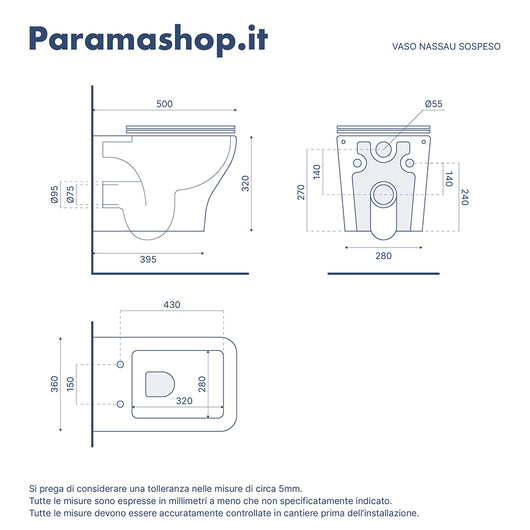 Sanitari sospesi rimless in ceramica bianco lucido: vaso bidet e copriwc soft-close | Nassau