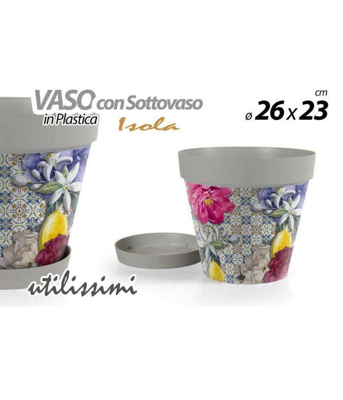 Vaso Giardino Con Sottovaso In Plastica Decoro Isola 26x23cm Piante Fiori 845376         
