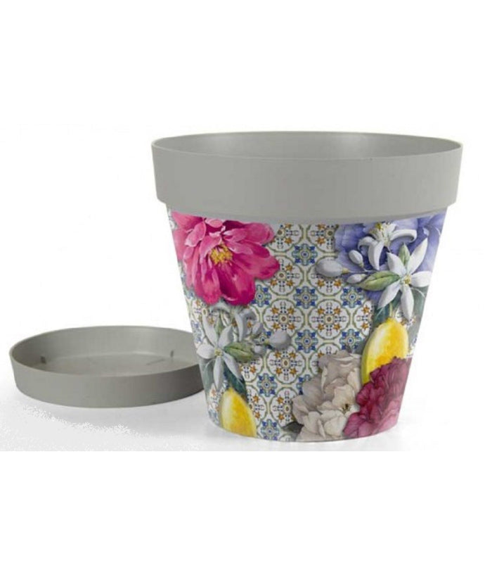 Vaso Giardino Con Sottovaso In Plastica Decoro Isola 32x29cm Piante Fiori 845383         