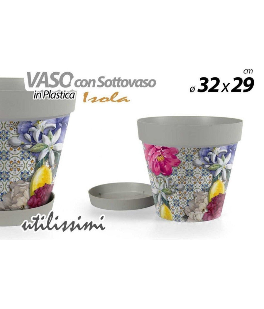 Vaso Giardino Con Sottovaso In Plastica Decoro Isola 32x29cm Piante Fiori 845383         