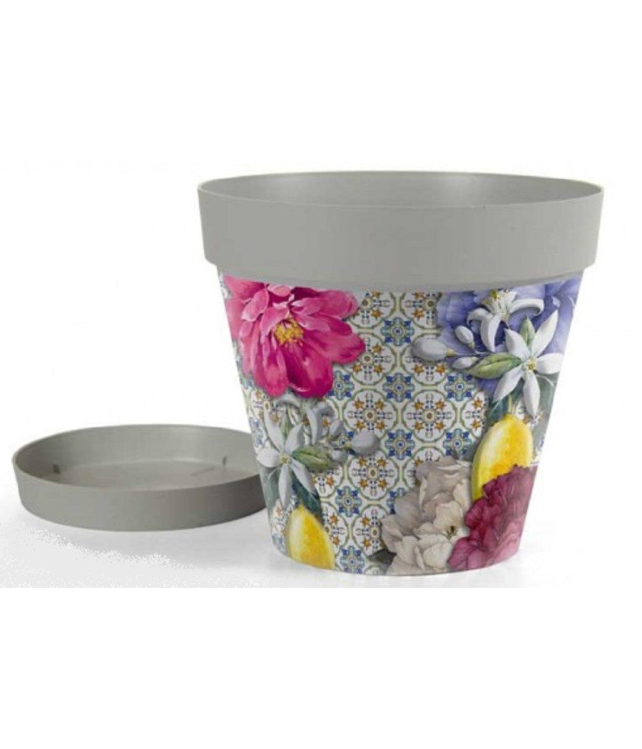 Vaso Giardino Con Sottovaso In Plastica Decoro Isola 32x29cm Piante Fiori 845383         
