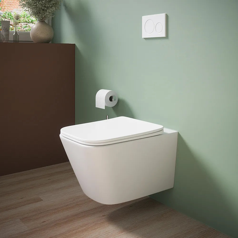 Vaso sospeso rimless in ceramica bianco lucido con sedile soft-close | Kyoto