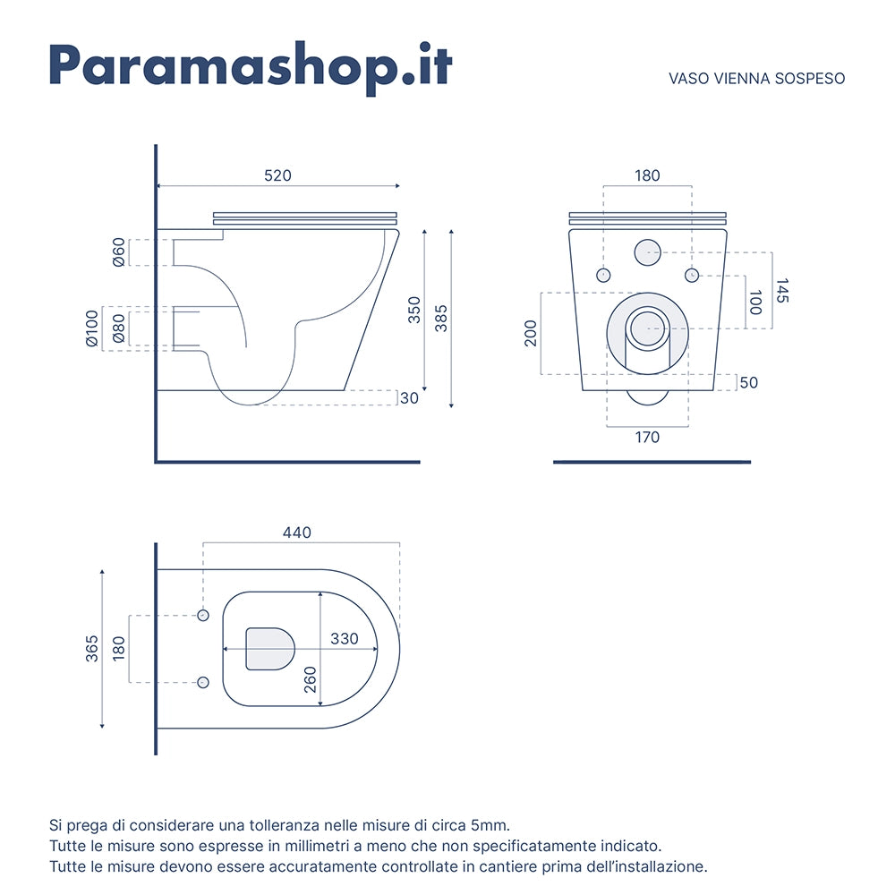 Vaso sospeso WC rimless in ceramica bianco lucido con sedile soft-close | Vienna
