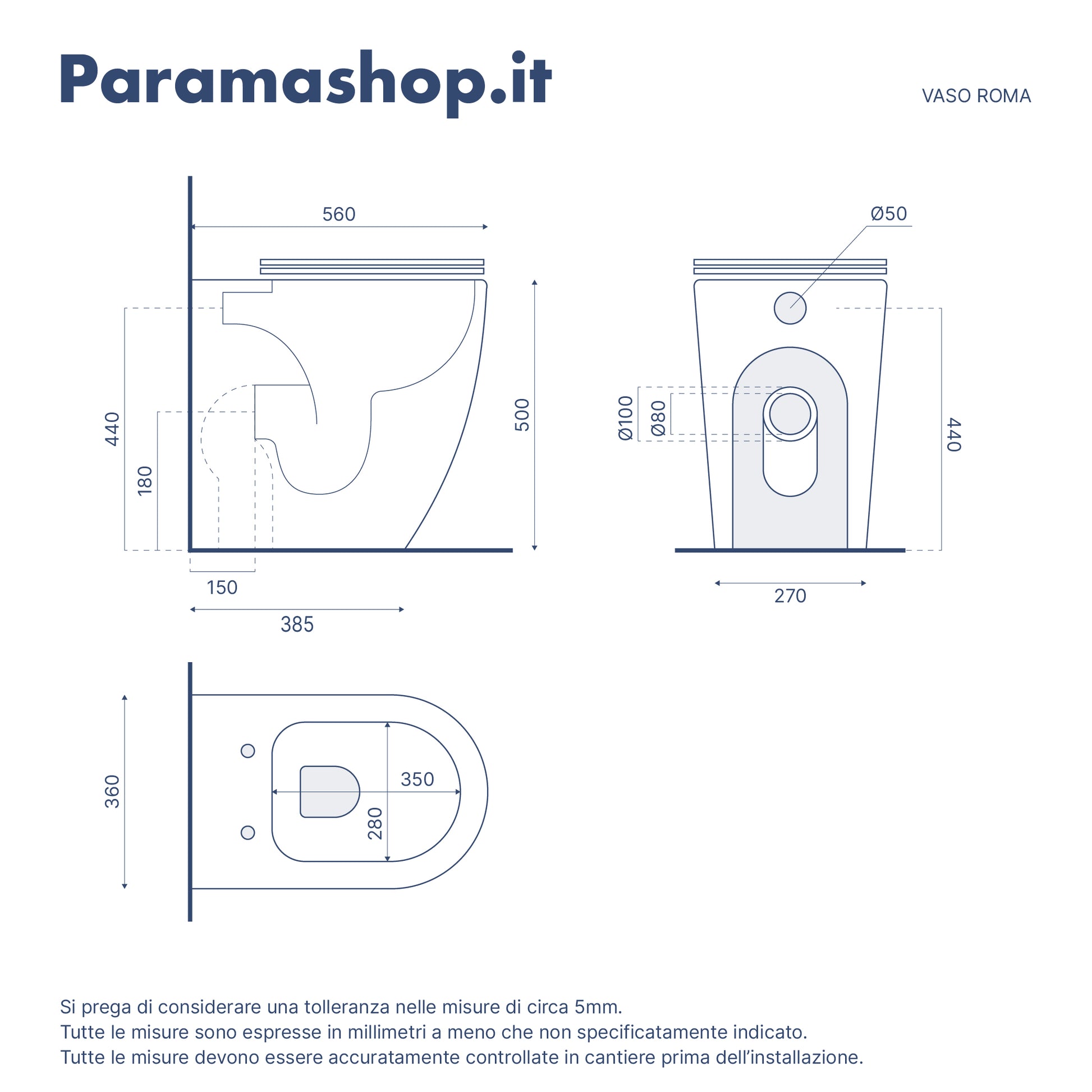 Vaso filomuro rimless h 50 cm con sedile soft-close | Roma Comfort