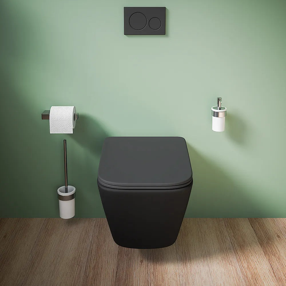 Vaso sospeso rimless in ceramica nero opaco con sedile soft-close | Kyoto