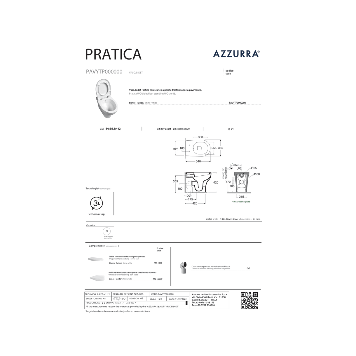 Vaso/Bidet a Terra Accessibile Azzurra Ceramica "Pratica" Bianco Lucido