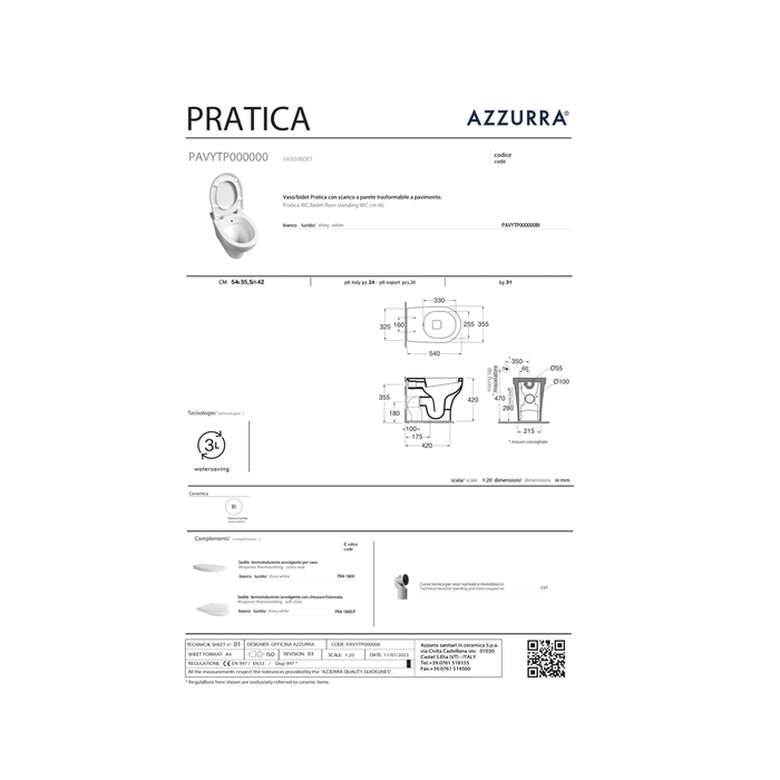 Vaso/Bidet a Terra Accessibile Azzurra Ceramica "Pratica" Bianco Lucido