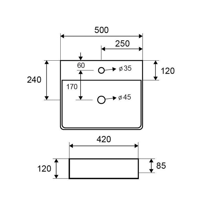 Lavabo monoforo rettangolare bianco da posizionare su mobile bagno 50x42x12 cm