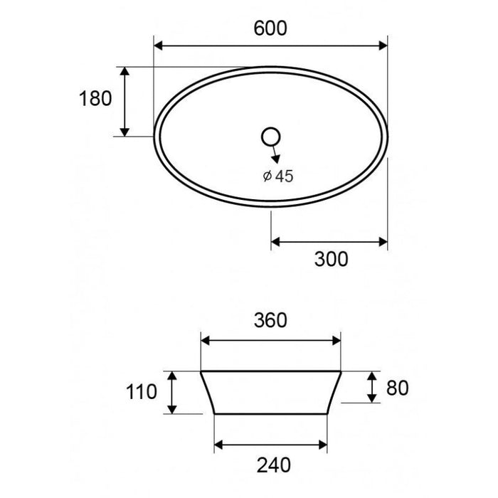 Lavabo ovale da appoggio senza foro DINE 60x36x11 cm