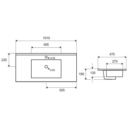 Lavabo rettangolare da incasso 1 foro ROJO 101x47x18 cm