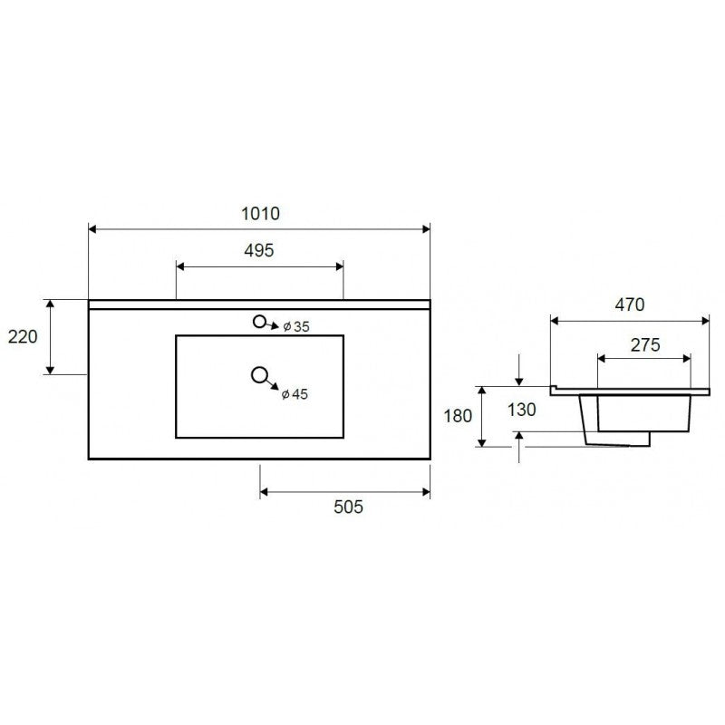 Lavabo rettangolare da incasso 1 foro ROJO 101x47x18 cm