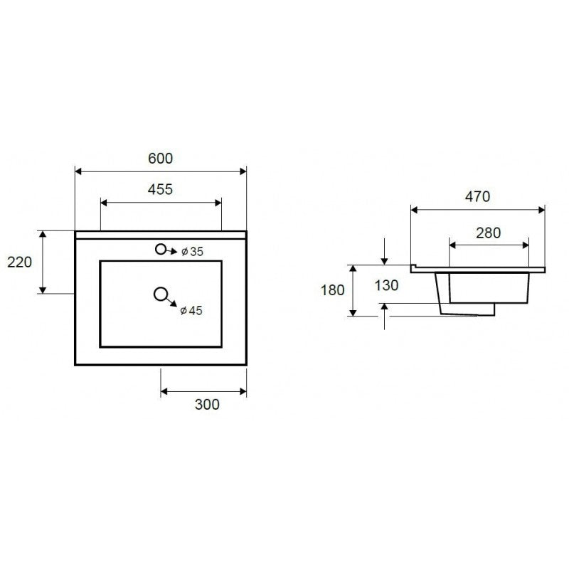 Lavabo rettangolare da incasso 1 foro ROJO 60x47x18 cm