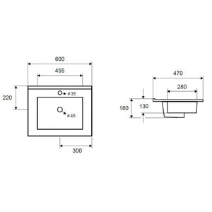 Lavabo rettangolare da incasso 1 foro ROJO 60x47x18 cm