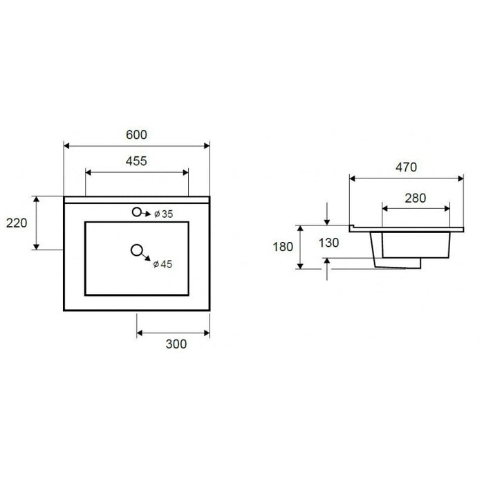 Lavabo rettangolare da incasso 1 foro ROJO 60x47x18 cm