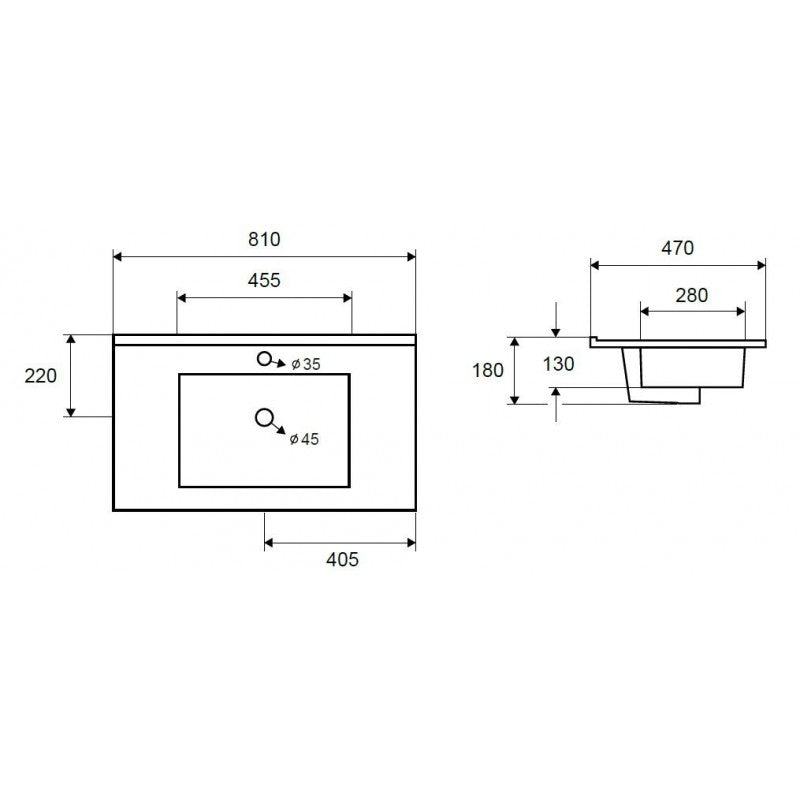 Lavabo rettangolare da incasso 1 foro ROJO 81x47x18 cm