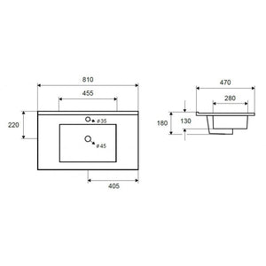 Lavabo rettangolare da incasso 1 foro ROJO 81x47x18 cm