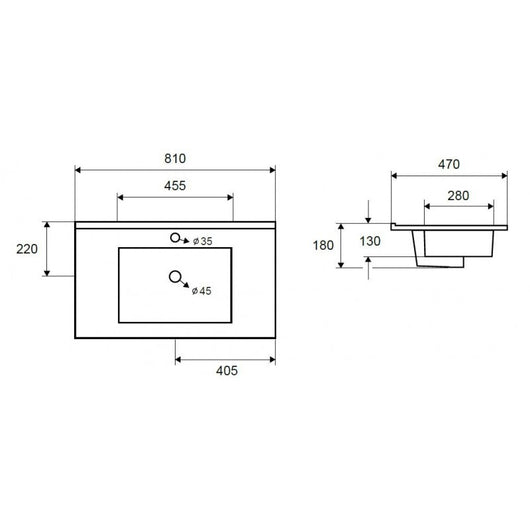 Lavabo rettangolare da incasso 1 foro ROJO 81x47x18 cm