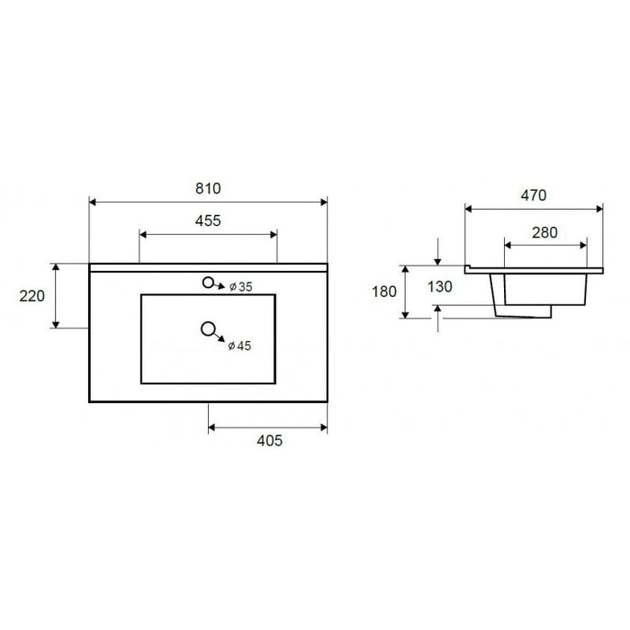 Lavabo rettangolare da incasso 1 foro ROJO 81x47x18 cm