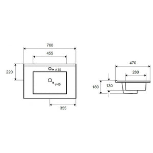 Lavabo rettangolare da incasso 1 foro ROJO 76x47x18 cm