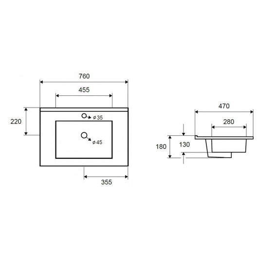 Lavabo rettangolare da incasso 1 foro ROJO 76x47x18 cm