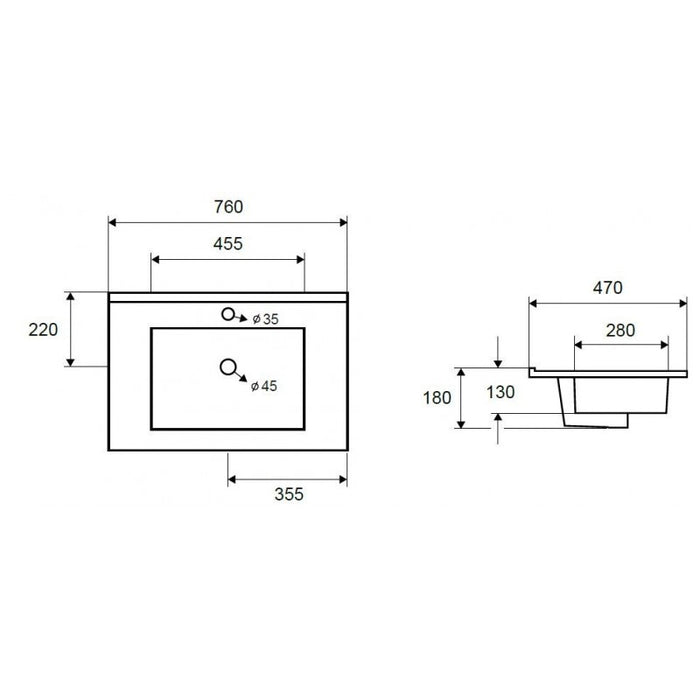 Lavabo rettangolare da incasso 1 foro ROJO 76x47x18 cm