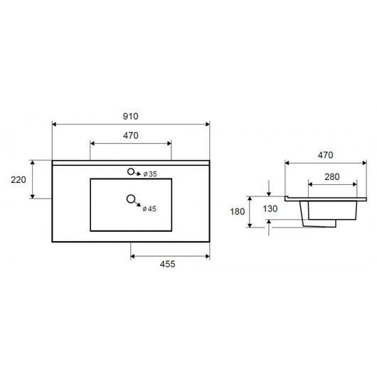 Lavabo rettangolare da incasso 1 foro ROJO 91x47x18 cm