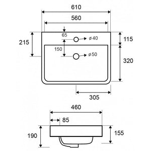 BOTENE lavabo rettangolare da appoggio 61x46x19 cm in porcellana