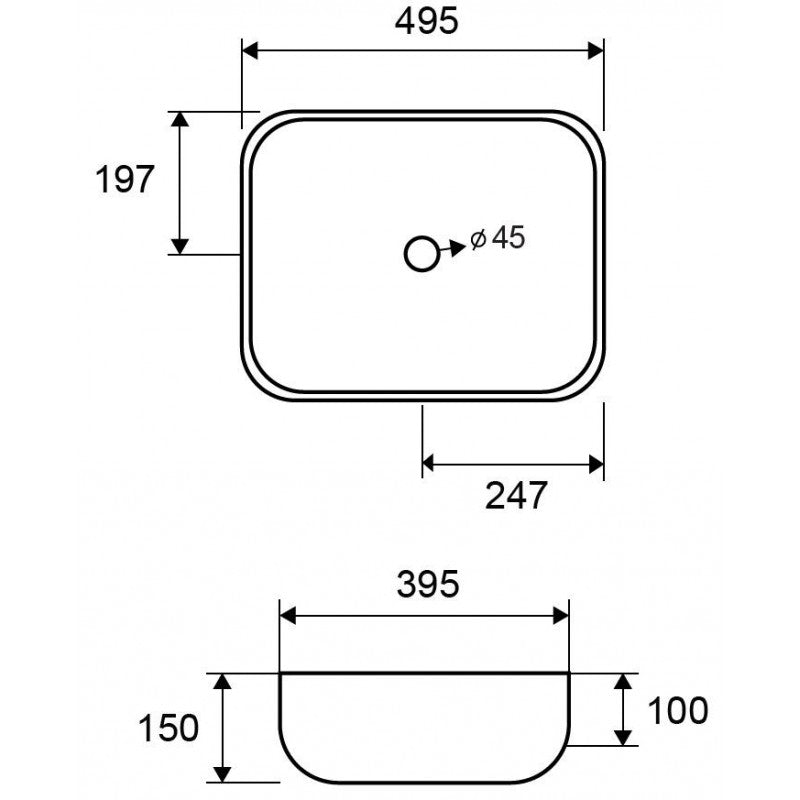 Lavabo rettangolare da appoggio senza foro JEY 49x39,5x15 cm