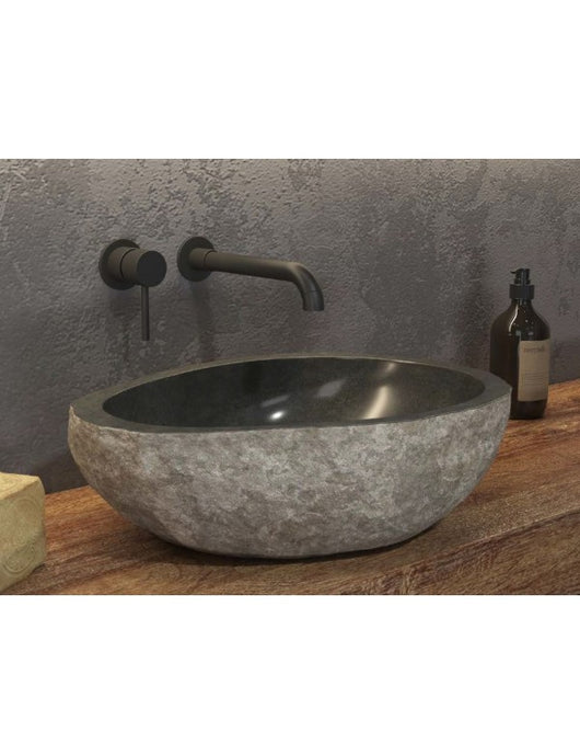 Lavabo rotondo da appoggio RIVER Ø40-45 x15 cm in pietra grigia