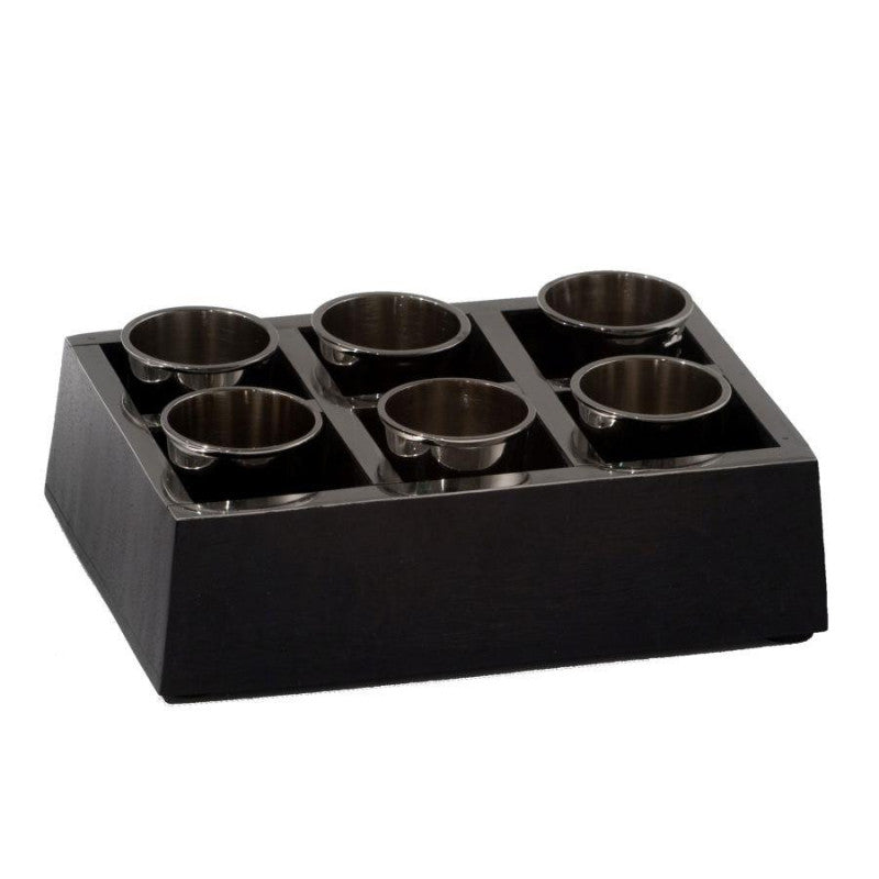 Vassoio con 6 bicchierini cm 17,5x11h4,5vassoio legno/bicchieri alluminio