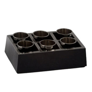 Vassoio con 6 bicchierini cm 17,5x11h4,5vassoio legno/bicchieri alluminio