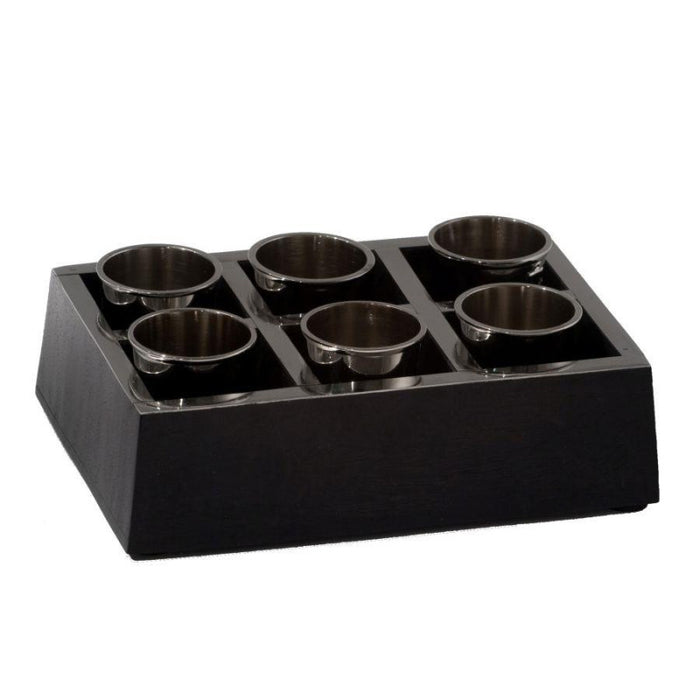 Vassoio con 6 bicchierini cm 17,5x11h4,5vassoio legno/bicchieri alluminio