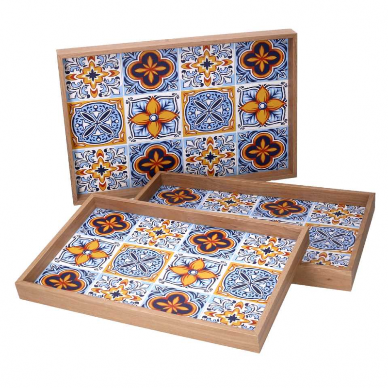 Vassoio legno 1-3 azzurro bordo naturale cm 45x30h4