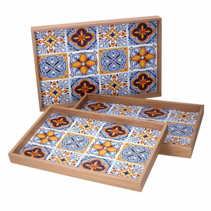 Vassoio legno 1-3 azzurro bordo naturale cm 45x30h4