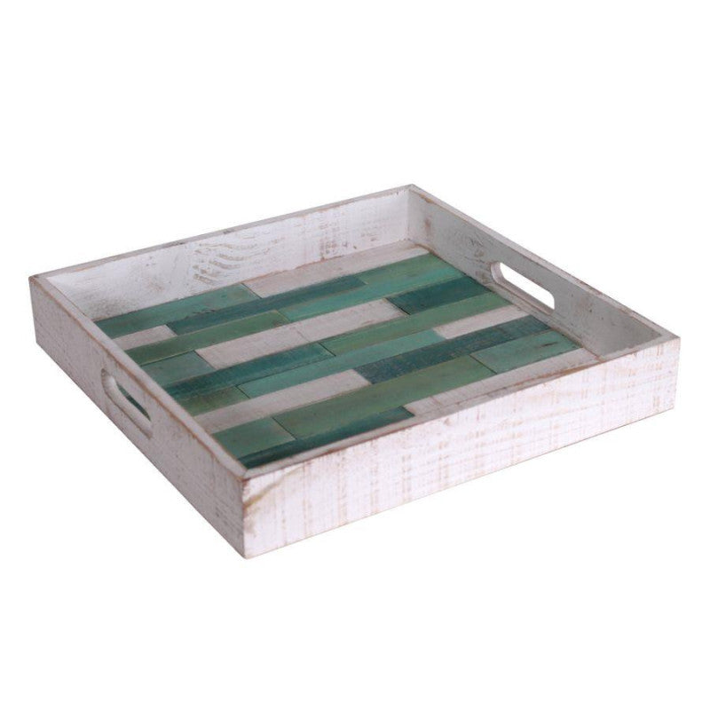 Vassoio mare legno bianco verde quadro cm 37x37h6