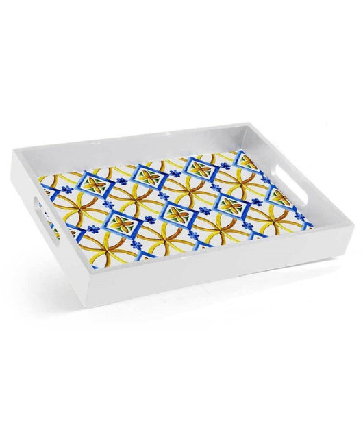 Vassoio Portata Rettangolare Legno 20x26x4cm Con Manici 2 Decori Mosaico 822124         