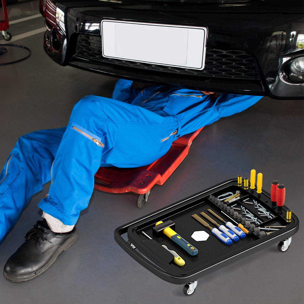 Vassoio per attrezzi 2-in-1 regolabile in altezza con vassoio per parti rimovibile, Carrello porta attrezzi su ruote Nero-Deposito utensili Tool